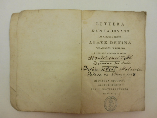Lettera d'un padovano al celebre Signor abate Denina accademico di Berlino e socio dell'Accademia di Padova